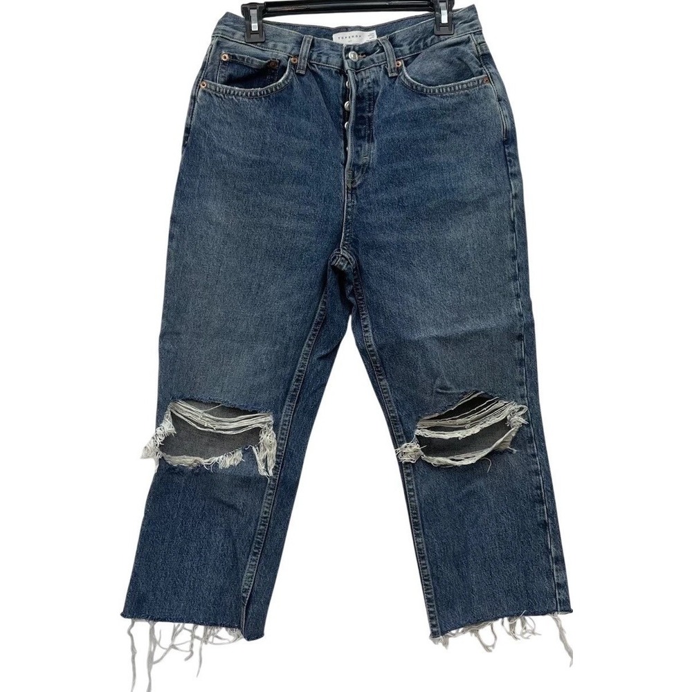 Topshop Petite Dad Jeans Distressed Tag 30 Fits 28 Button Fly Raw Hem Crop